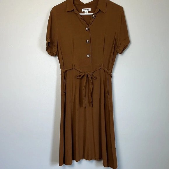 Monteau Women's Brown Rayon Shirt Dress with Tie Waist and pockets Size L - Picture 6 of 16
